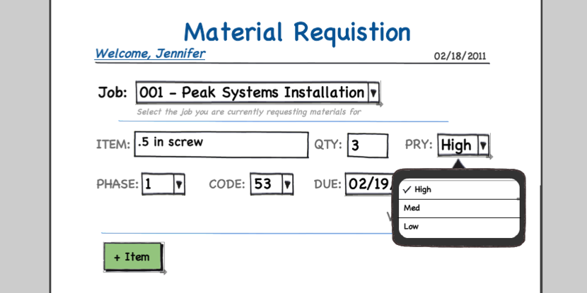 Material Requisition wireframes